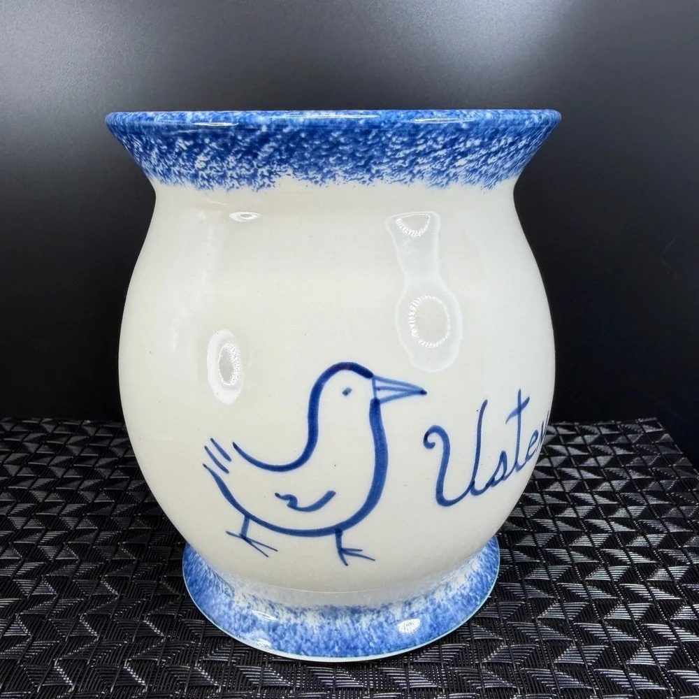 Lebeau et Weilbrenner Poterie Ceramic Utensil Crock Blue White Bird Ustensiles